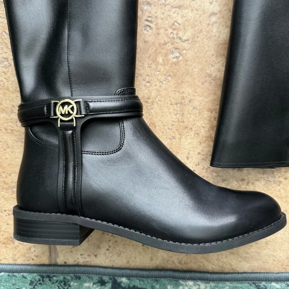 NIB Michael Kors Mindy Leather Equestrian Style Bombe Tall Black Boot Size 7